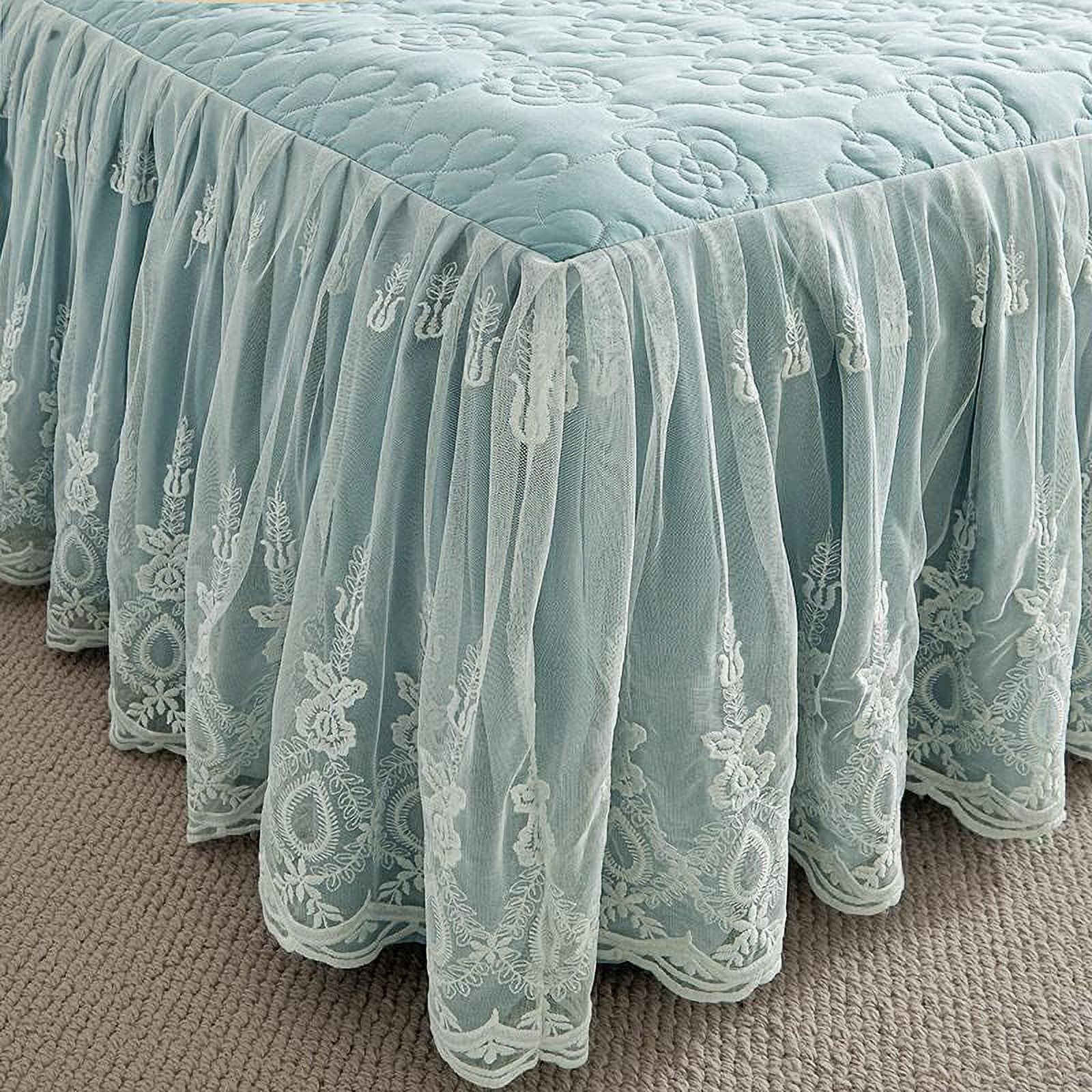 Flower Pattern Quilted Brocade Cotton Bedspread with Lace Ruffled Bed Skirt, Queen Size, Light Turquoise