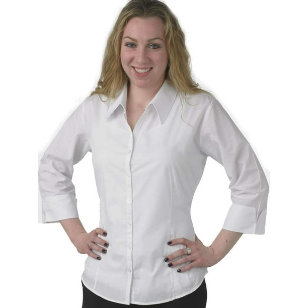 Henry Siegel Womens V-Neck 3/4 Sleeve Form Fitted Uniform Dress Shirt 