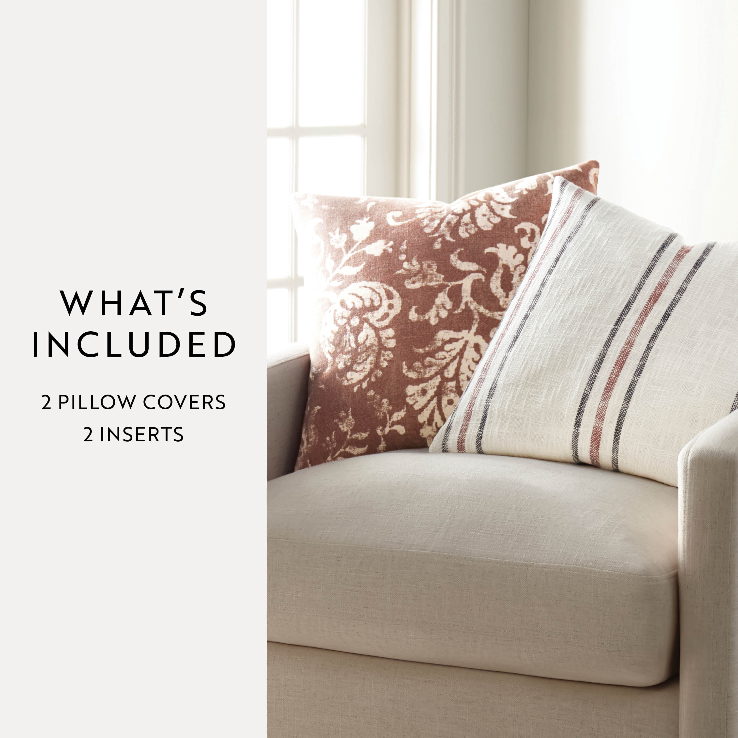 Noble Linens 2-Pack Decor Throw Pillows Floral Terracotta and Yarn-Dyed Framed Stripe
