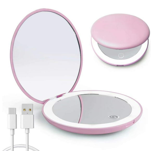 Led Compact Mirror, Rechargeable 1x/10x Magnification Compact Mirror, Dimmable Small Travel Makeup Mirror,Pocket Mirror for Handbag,Purse,Handheld 2-Sided Mirror,Gifts for Girls,Cyan