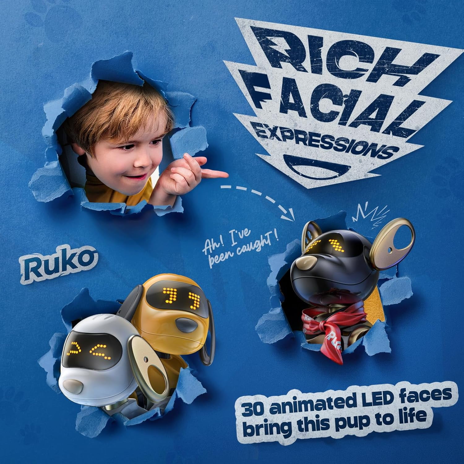 Ruko 18011 Robot Dog Toy, Smart Interactive Puppy, Programmable, 30+ LED Faces, Remote & Gesture Control, Black & Gold, Ages 3-8