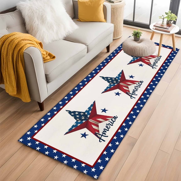 Independence Day 2'x6' Runner Rugs for Hallway Kitchen Bedside Non Slip, 4th of July Patriotic Star Blue Red Flag Entryway Rug Runners with Rubber Backing, Long Carpet Runner for Laundry Room