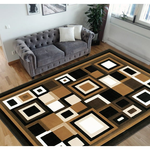 Handcraft Rugs-Modern Contemporary Living Room Rugs-Abstract Carpet with Geometric Pattern-Black/ Beige/Ivory/Chocolate (8x10 Feet)