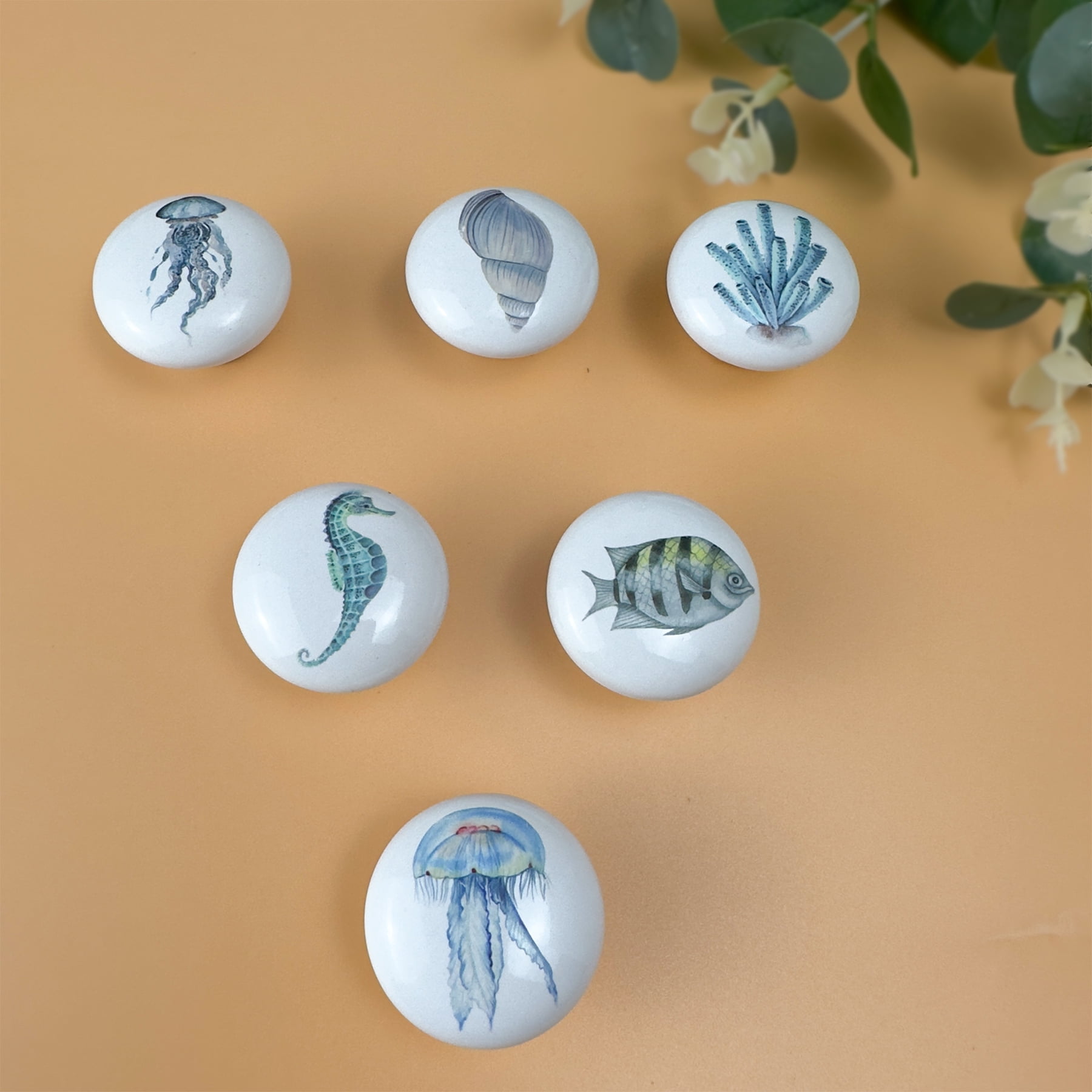 Jamjam Set of 6 Ceramic Beach Coastal Themed Cabinet Drawer Dresser Knobs Octopus Door Handle and Pulls 1.5 X 1.5 Inches