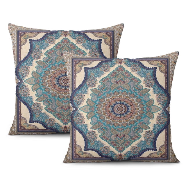Stylish Green Boho Throw Pillow Covers - Monaco Rug Carpet Design, 20x20 inch, Set of 2