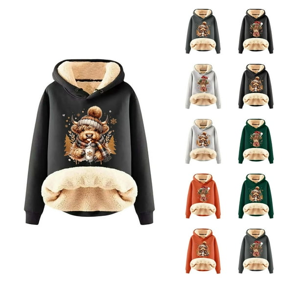 Christmas Heavyweight Hoodies for Women 2025 Long Sleeve Highland Cow Western Country Hooded Sweatshirt Pullover Tops