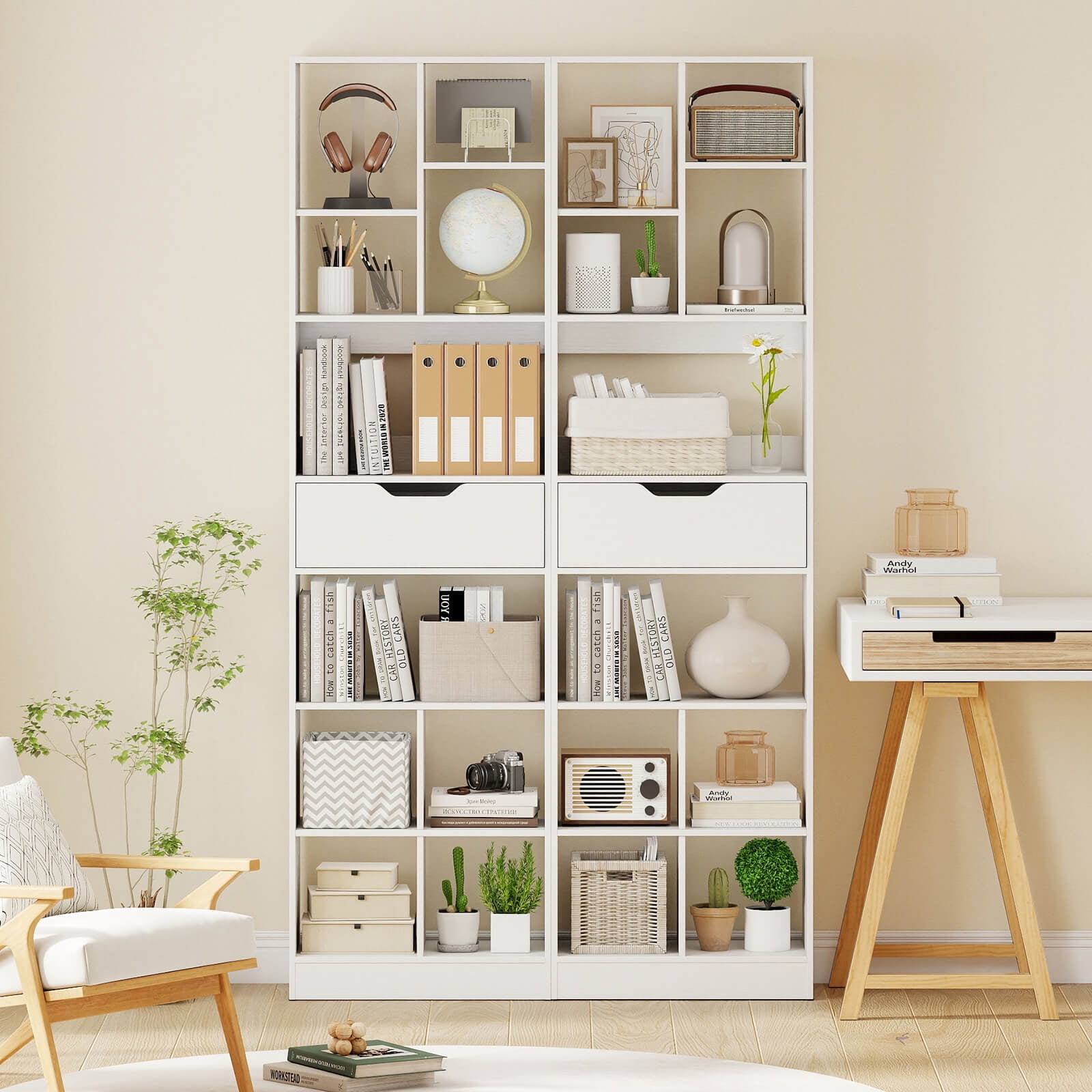 Costway 2 PCS 71”Bookcase with Drawer, 10 Open Cubes, Anti-toppling Kits for Study, Office White