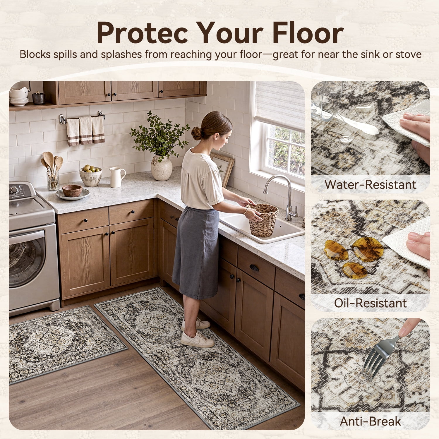 SIXHOME 3-Piece Kitchen Rugs and Runner Set Washable Vintage Kitchen Mat Non-Slip Low-Profile Rugs for Kitchen Sink Laundry Bedside 20"x32"+20"x48"+20"x59" Black