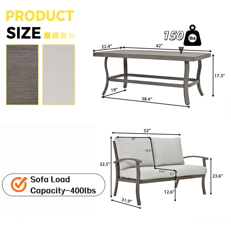 Howcool 2-Piece Outdoor All-Weather Loveseat with Coffee Table, Aluminum Sofa Chair with Cushion
