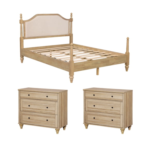WAMPAT Queen Size 3-Piece Bedroom Furniture Set, Oak Wood Platform Bed with Upholstered Headboard and Storage Nightstands