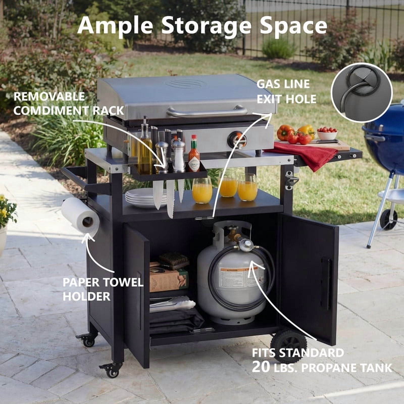 Outdoor Grill Cart with Stainless Steel Top, Outdoor Kitchen Island with Foldable Table, Pizza Oven Table with Wheels & Hooks
