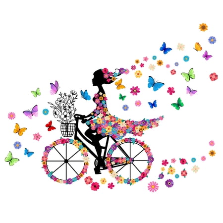 Biker Girl Wall Decals Butterflies with Folwers Wall Stickers Girl's Room Wall Decal PVC Wall Art