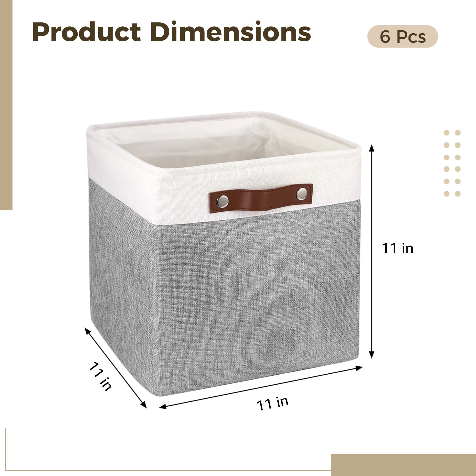 6 Pack Fabric Storage Cubes – 11" x 11" Foldable Bins with PU Leather Handles, Gray & White Closet Organizers for Shelves, Drawers, Clothes, Toys & Books