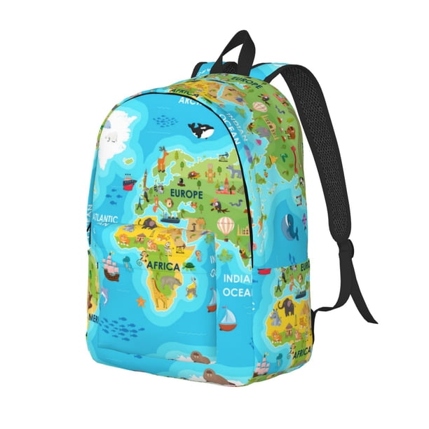 Fotbe World Map With Animals Landmarks Mochila de Lona con Estampado, Mochila Duradera, Mochila Versátil de Alta Calidad, Mochila Compacta Vintage-Medium