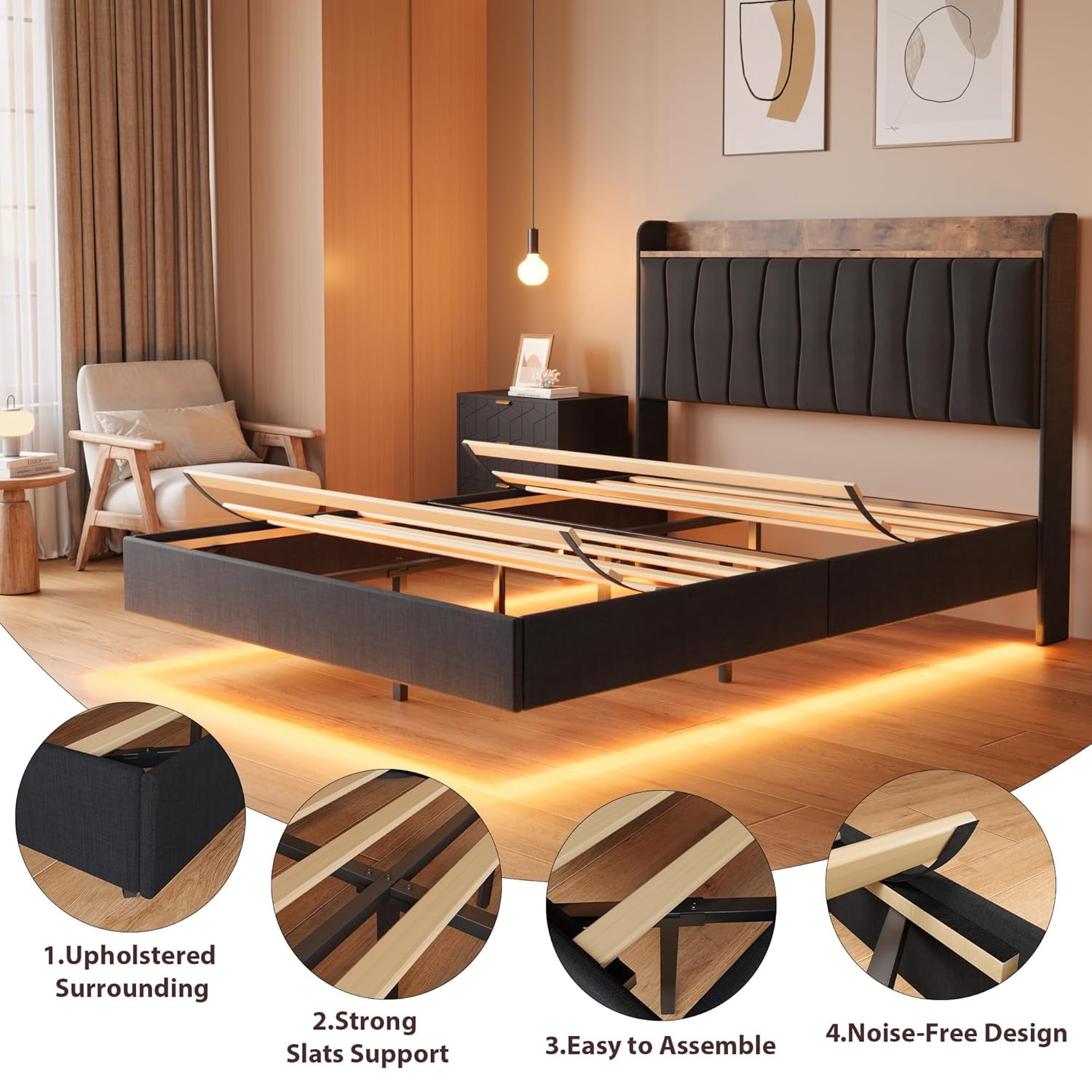 Yiwa King Size Bed Frame, Floating Platform Bed with Headboard, LED Lights, Charging Ports, Black Modern Upholstered Bedframe with Sturdy Wood Slats, No Box Spring Needed, Easy Assembly