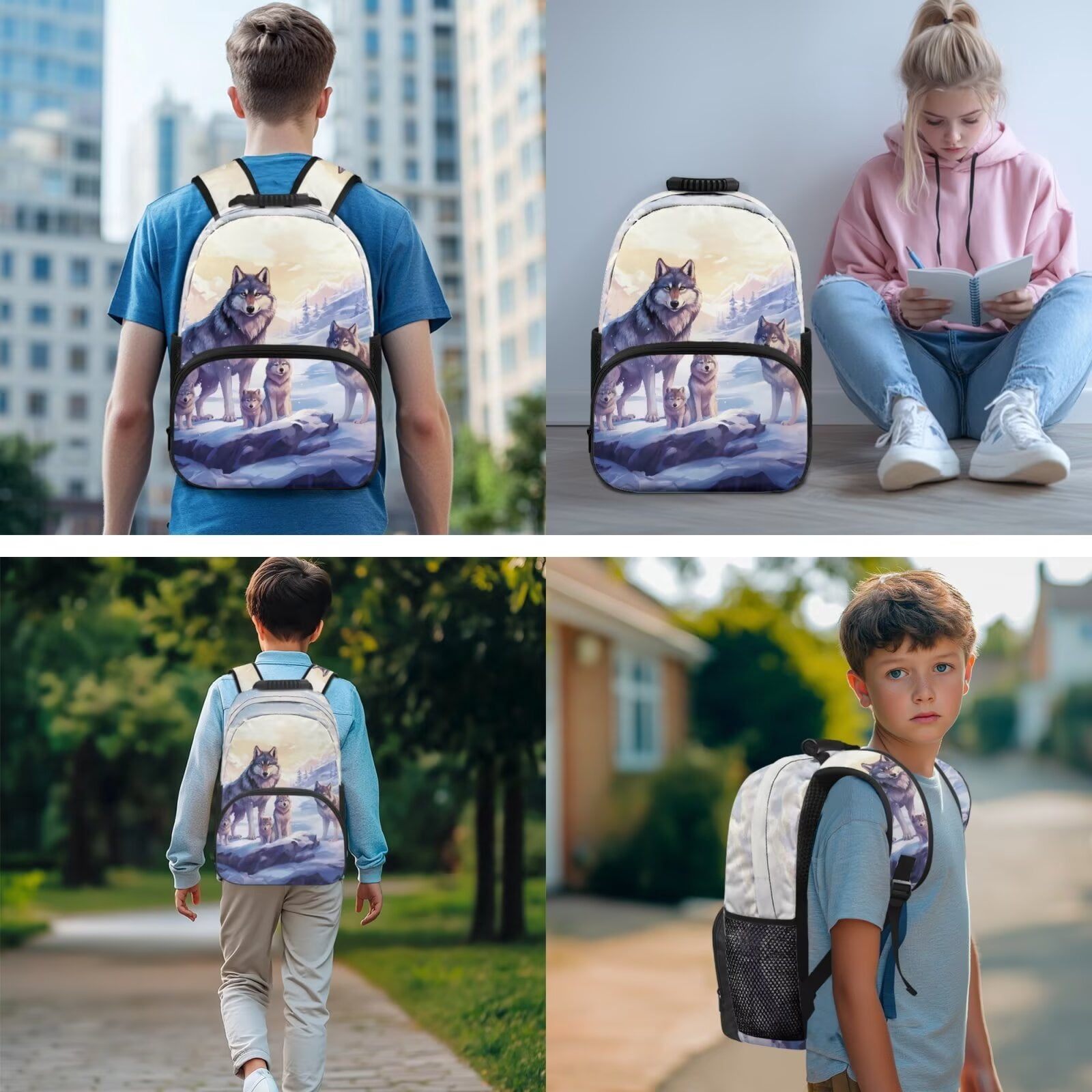 XYZCANDO Wolf 5 Piece Kids Backpack Set with Portable Lunch Bag Multifunctional Pencil Case 2 Pcs Bookmark Side Pockets School Bag for Elementary Students