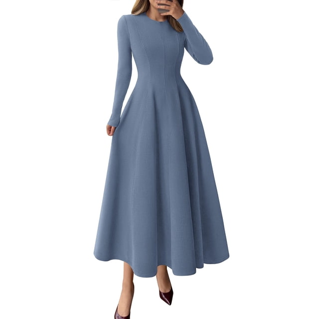 Vestido PRETTYGARDEN 2025 de manga larga midi línea A azul polvo talla S