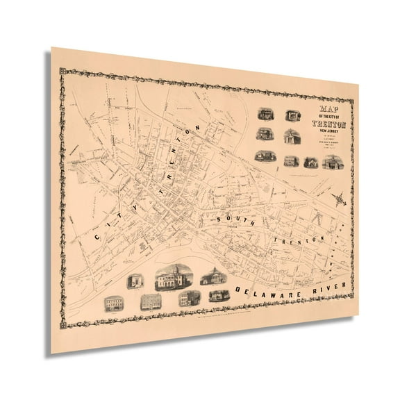 1849 Trenton New Jersey Map - Vintage Trenton New Jersey Wall Art - Trenton NJ Poster - Old Trenton New Jersey Map Showing Illustrations of Local Structures