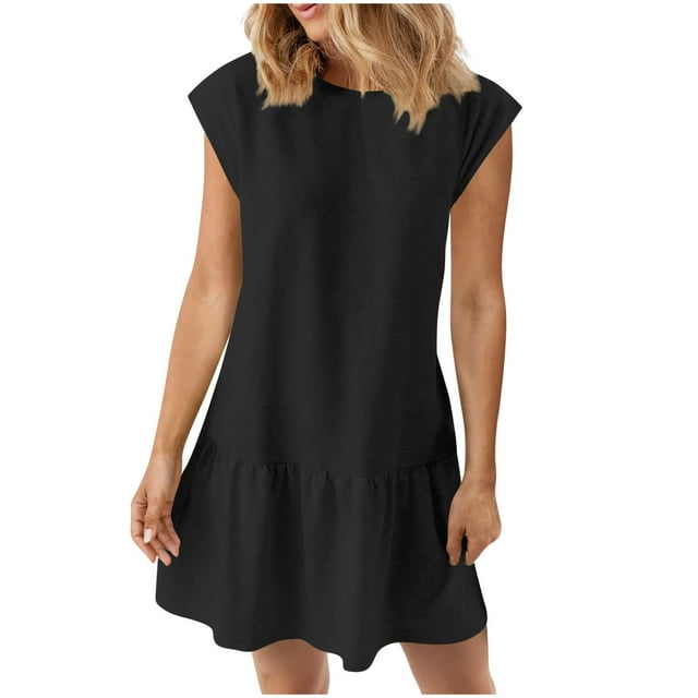 Hyknon Robes d'Été Babydoll pour Femmes Mignonnes à Volants Manches Courtes Col Rond Robes de Plage Fluides Robe Mini Robe d'Été P-2TG
