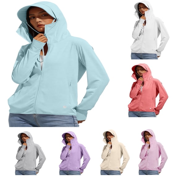 VBVC Women's UPF 50 Zip Up Sun Protection Jacket,Ladies' Long Sleeve Full Face Cover UV Protection Top,Outdoor Hiking Fishing Sun Hoodie For Women,Beige,M-4XL