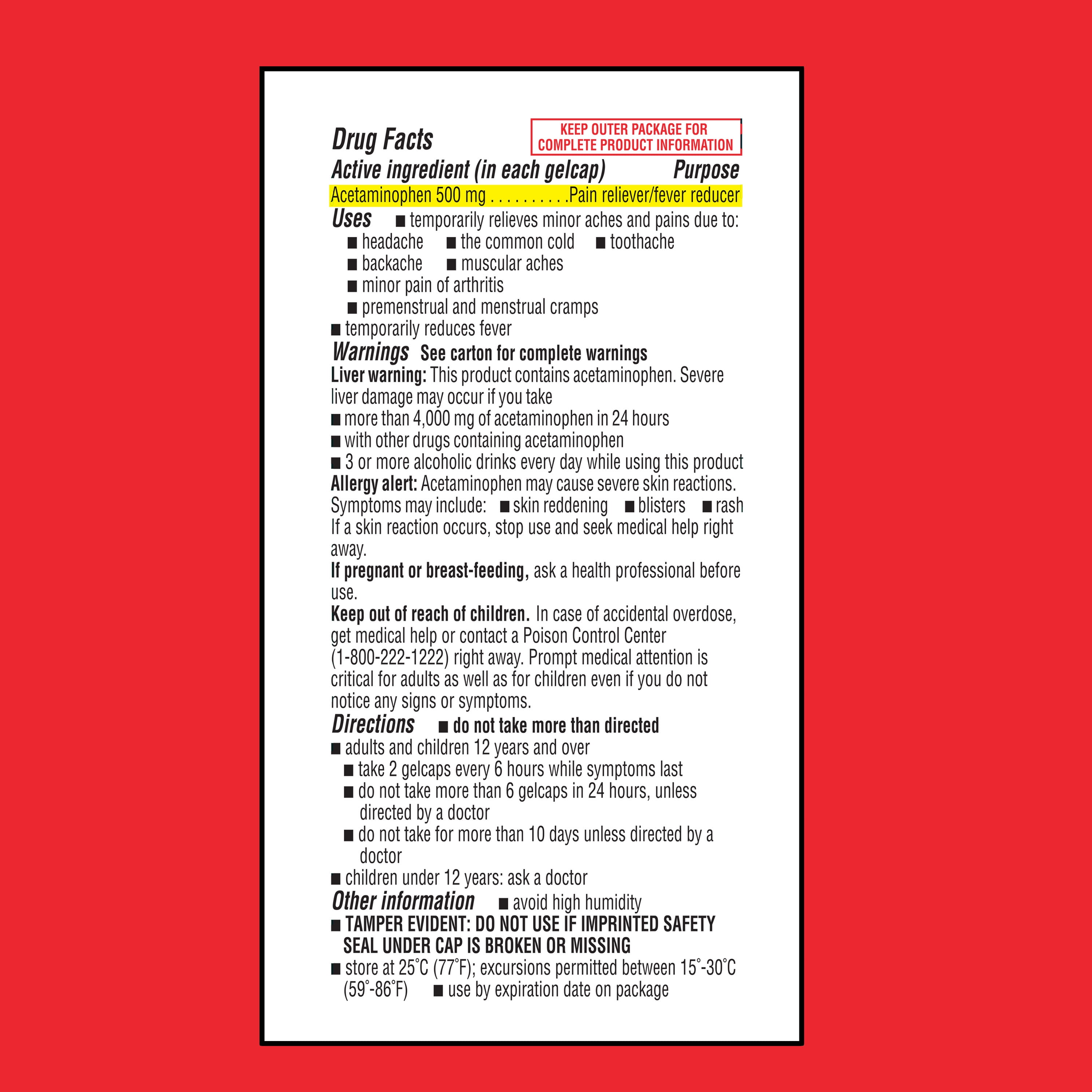 Equate Extra Strength Pain Reliever Acetaminophen Gel Caps, 500mg, Pain Reliever/Fever Reducer, 24 Count, Compare to Tylenol® Extra Strength Rapid Release Gels Active Ingredient