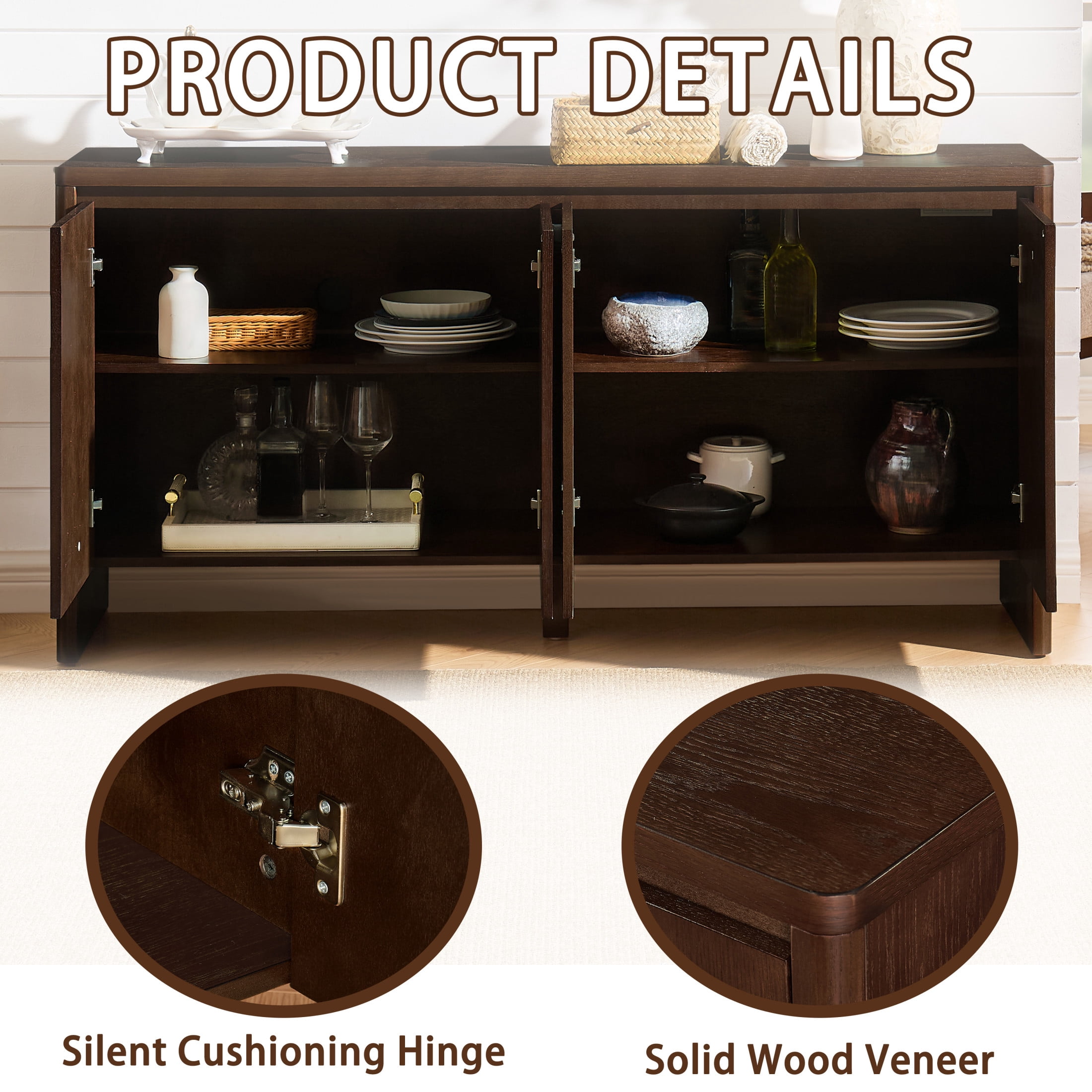 GDF Studio 61.1-Inch Mid-Century Sideboard Buffet Cabinet with Adjustable Shelves, Outlet Holes, Walnut