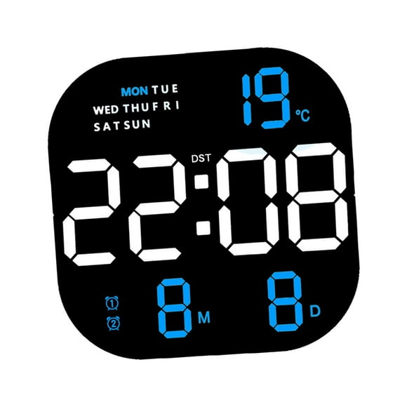 Reloj despertador LED de escritorio con pantalla grande regulable, 12/24 horas, digital, para pared Pantalla azul