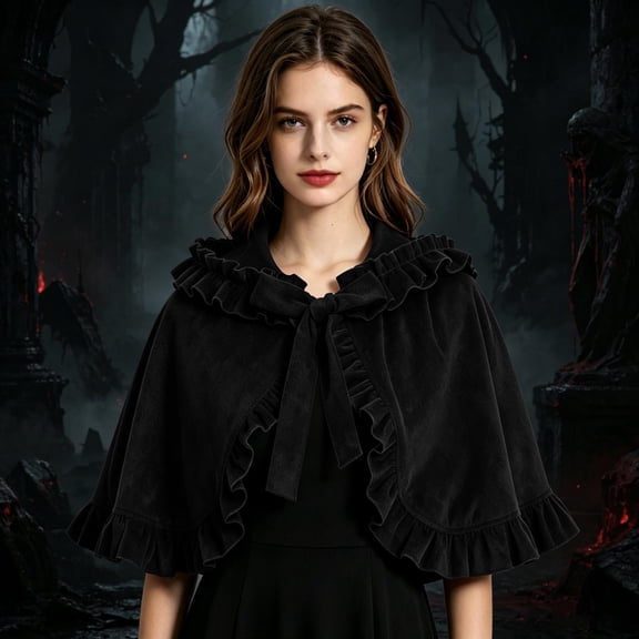 LEKWK Hooded Cape for Women Short Cloak with Ruffled Trim Cute Velvet Shawl Accessory for Halloween Cosplay Stage Performance Dress Up