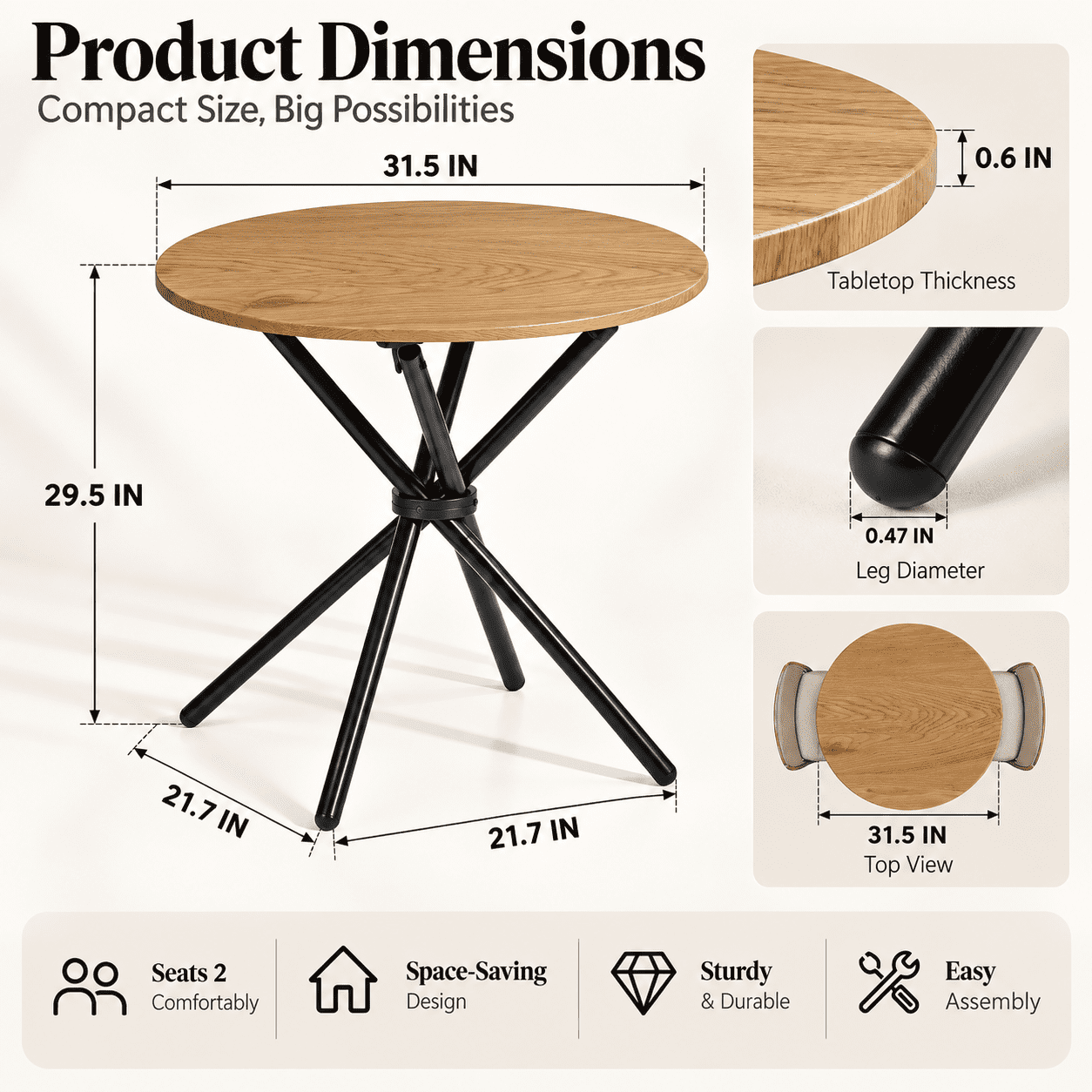 Homy Casa 31.5 in Round Dining Table for 2-4, Small Space Kitchen Table with Metal Legs, Golden Oak