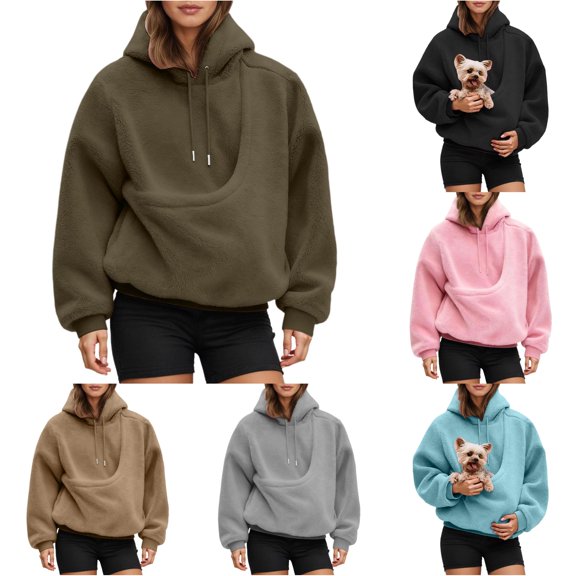 LIIPEE Womens Casual Hoodies Solid Color Long Sleeve Loose Hooded Sweatshirts With Pet Pockets Ladies Fall Winter Cozy Everyday Pullover,L