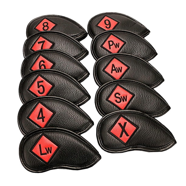 Juego de 11 fundas duraderas para cabeza de palo de golf con forro polar Negro + rojo