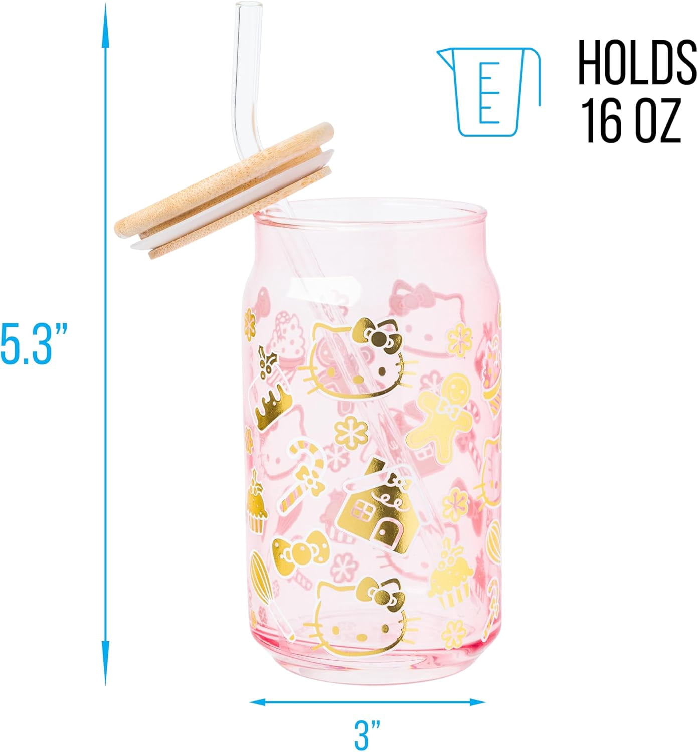 Silver Buffalo Sanrio Hello Kitty Gingerbread Cookies Christmas Holiday Pink and Gold Foil Glass Jar Tumbler with Bamboo Lid and Glass Straw, 16 Ounces