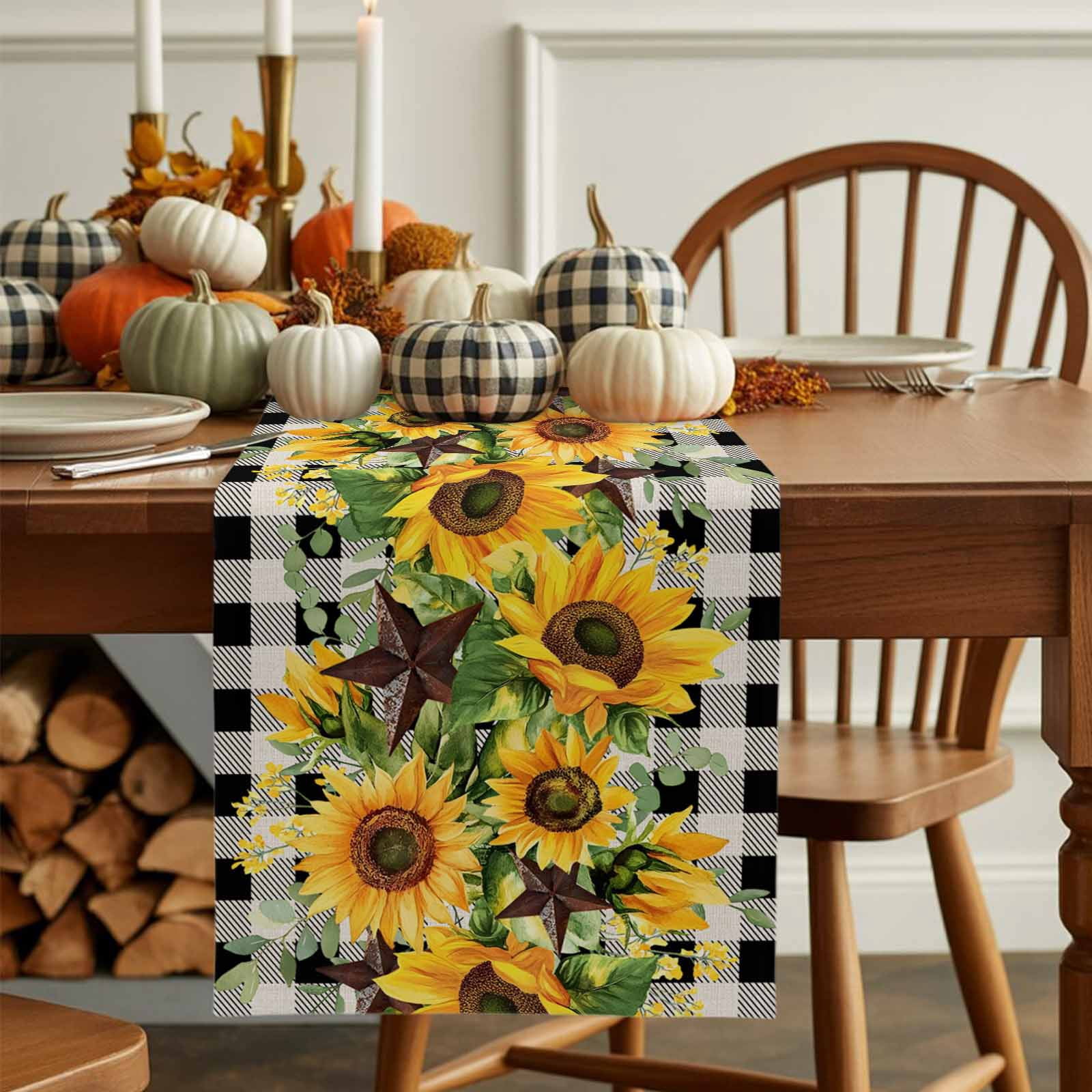 Texas Star Sunflower Cotton Linen Table Runner, Washable Table Runners for Kitchen, Dining Room, Holiday, Home Party Table Decor, 13x90 Inches