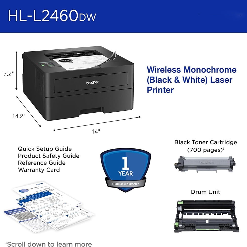 Brother HLL2460DW SOHO Laser Printer Bundle with 26 Month Protection Plan, Printer Essentials , 6FT HDMI 2.0 Cable & 6FT USB Type‑A to Type‑B Cable
