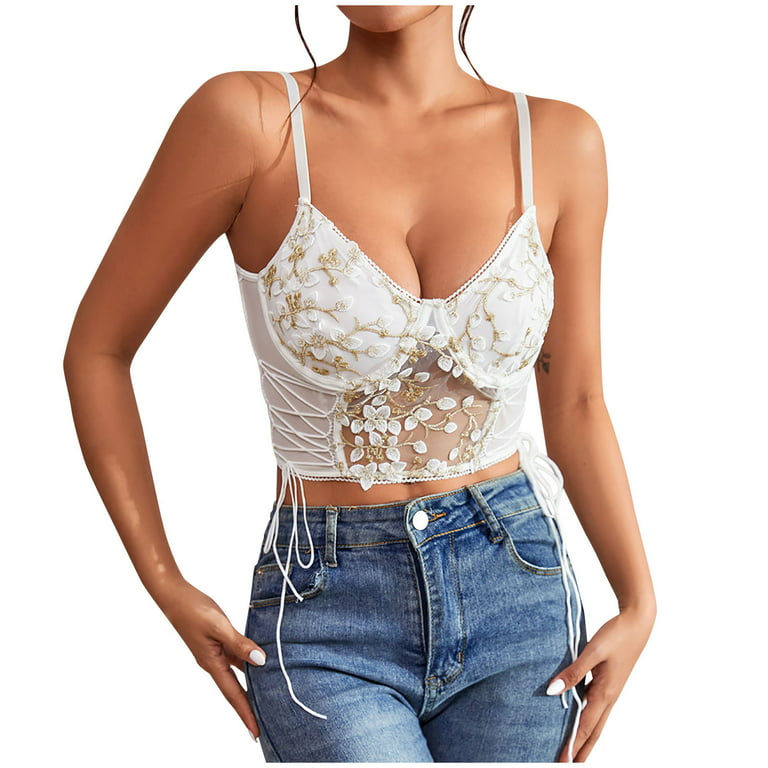 Women Floral Lace Camisole Eyelash Lace Up Bustier Cami Top Sexy