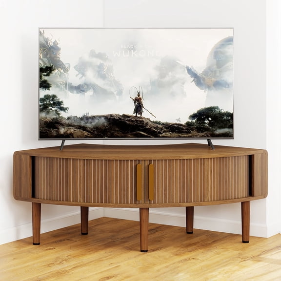 Corner TV Stand for 40 inch TV, Curved Corner Entertainment Center with Storage, Mid-Century Modern Media Console with Sliding Doors,for Living Room, Bedroom, Apartment, Walnut