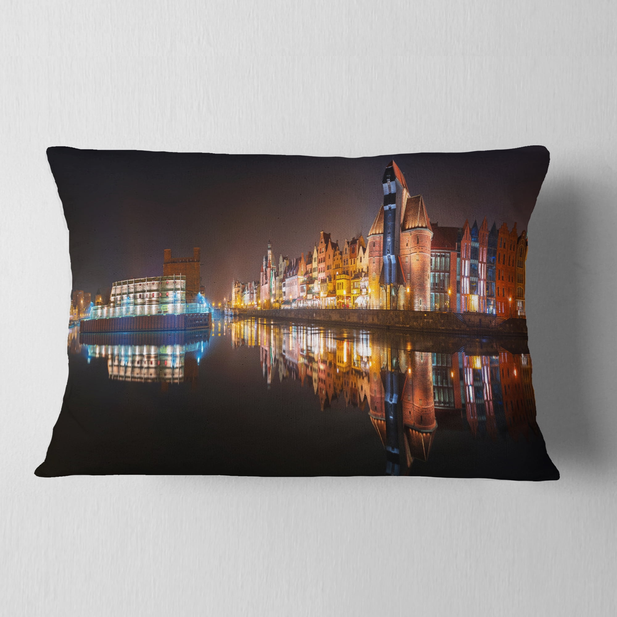 Designart Panorama of Gdansk Old Town - Landscape Photography Throw Pillow - 12x20