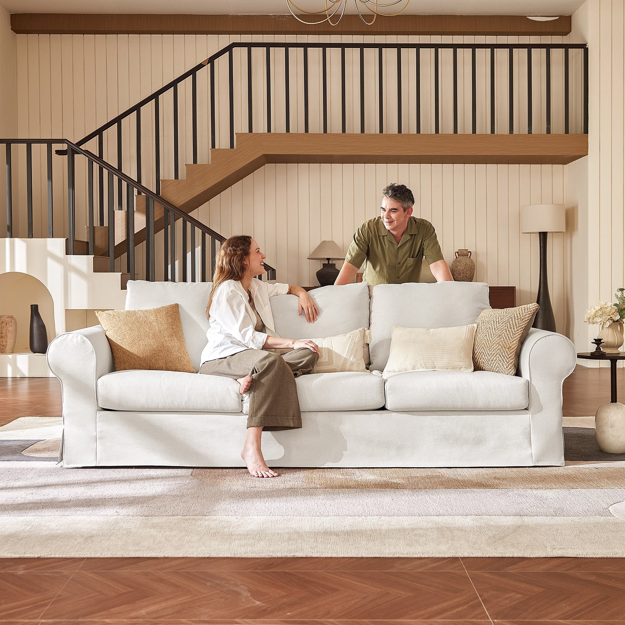 Vorthio 89" 3-Seater Couch for Living Room, Contemporary Fabric Sofa with Rolled Arm, White