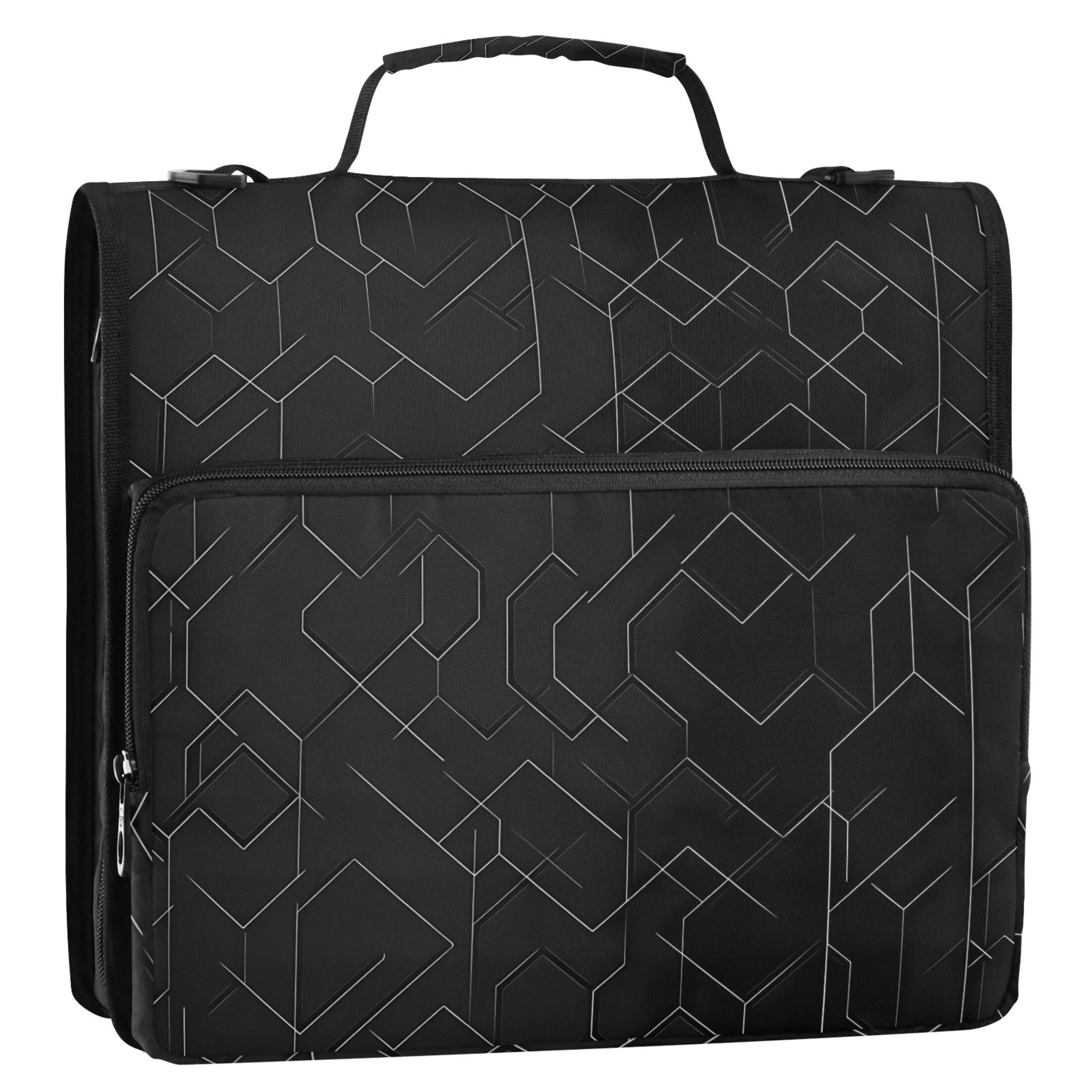 3 Ring Zipper Binder with Shoulder Strap Waterproof Trapper Keeper 2 Inch D-Ring 500 Sheets Capacity Black Simple Geometric Lines