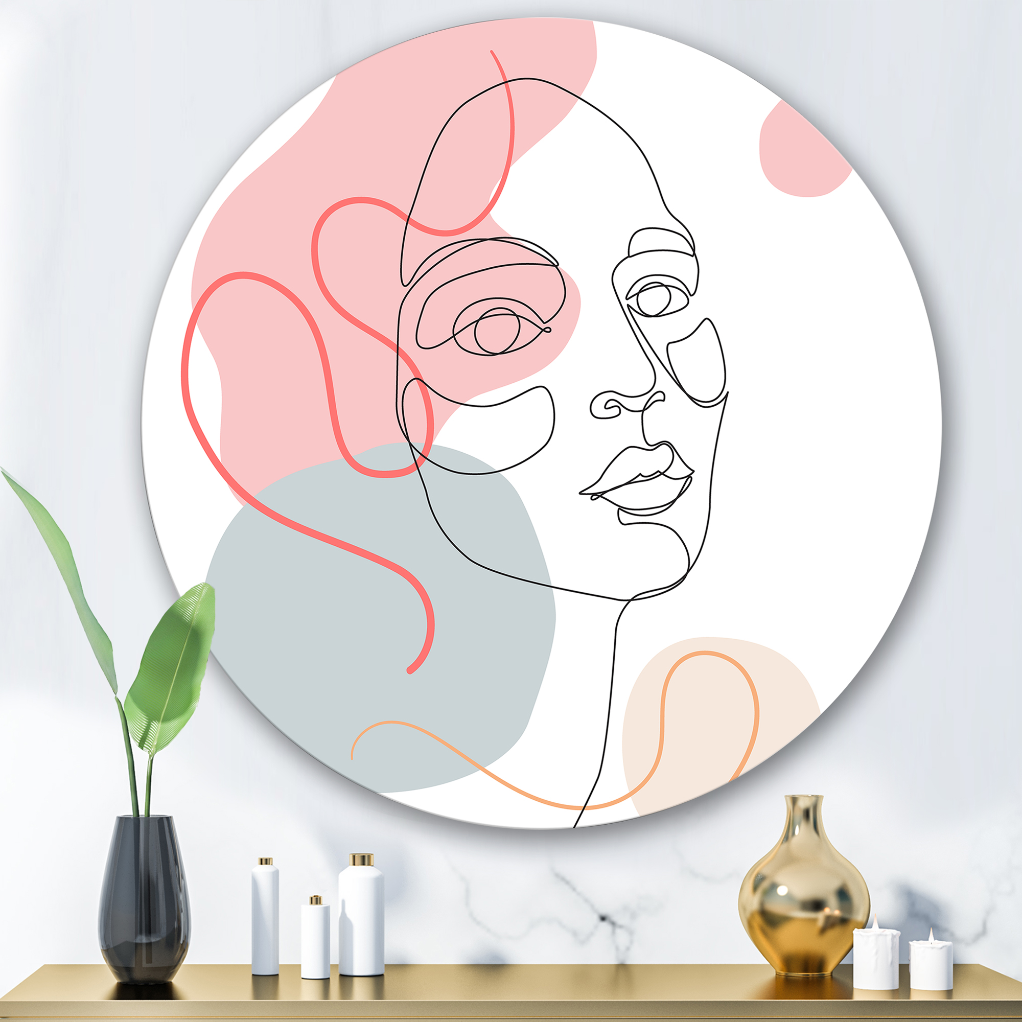 Designart 'One Line Drawing of Young Girl In Pastel Tones' Modern Circle Metal Wall Art 36x36 - Disc of 36