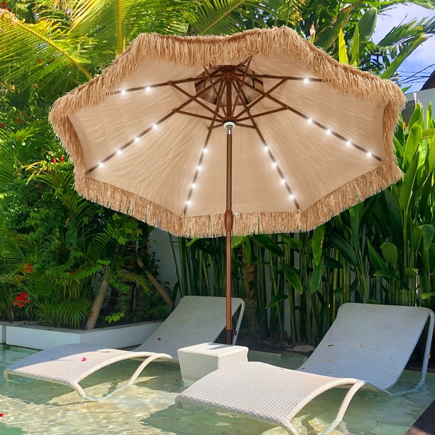 Autlaycil 9FT Double Tiers Solar LED Lights Thatched Tiki Umbrella