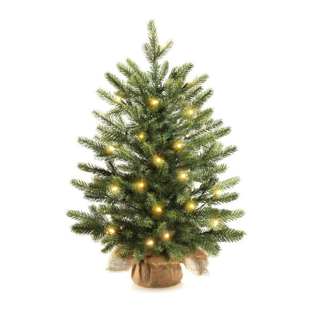 Feltree 18in Pre-Lit Green Artificial Christmas Tree with Basket Base, Flame Retardant, Realistic for Tabletop and Mantel Decor