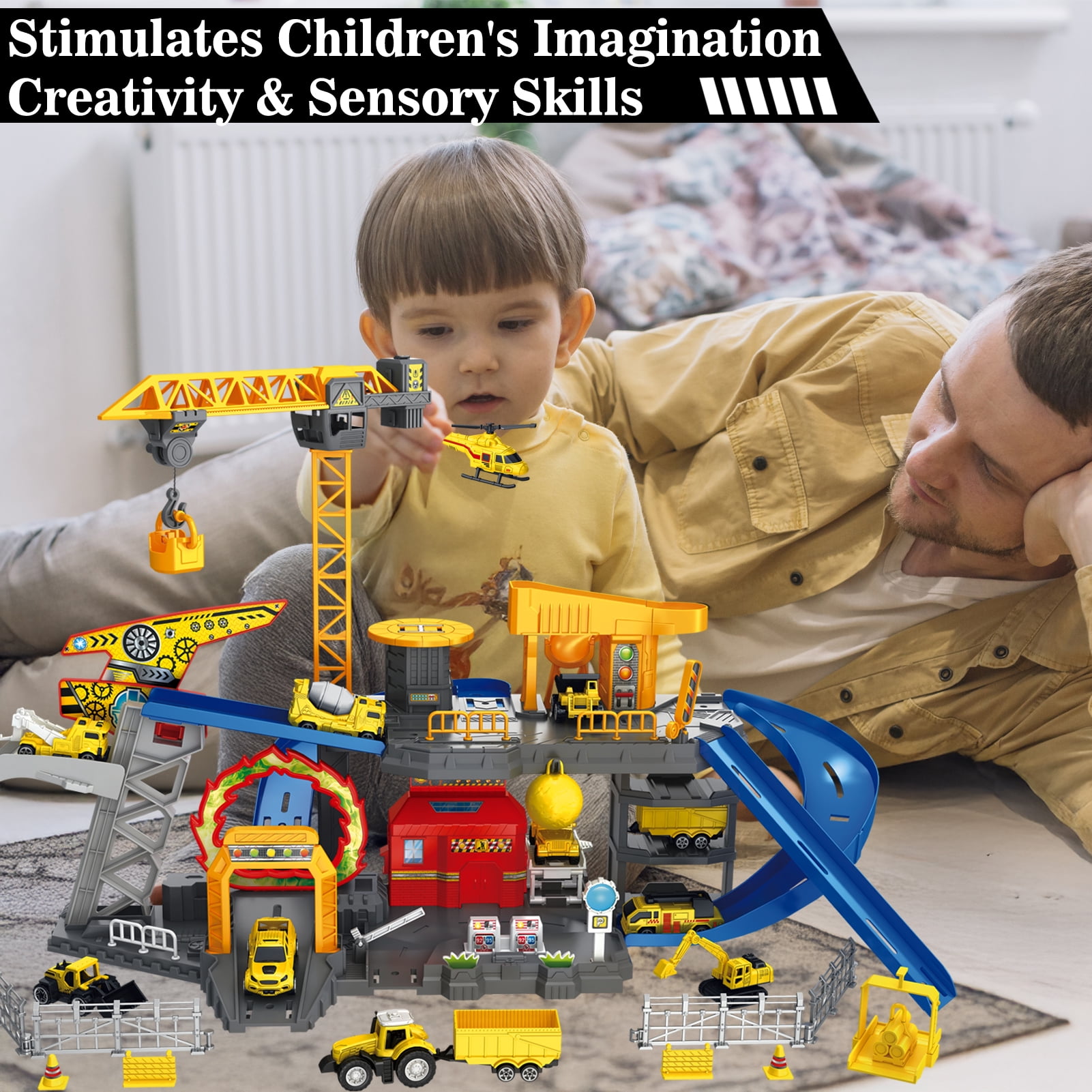Frontoytall Construction Vehicles Track Set with Excavator, Dump Truck, Cement Truck, Wheel Loader & Rotating Crane, Interactive STEM Building Toy for Kids Ages 3-12