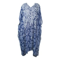 Mogul Women Caftan Maxi Dress, Georgette Embroidered Caftan, Resort Wear, Beach Cover up, Blue Printed Beach Kimono Kaftan Dress, One Size, M-4X