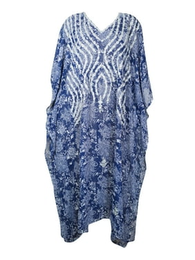 Mogul Women Caftan Maxi Dress, Georgette Embroidered Caftan, Resort Wear, Beach Cover up, Blue Printed Beach Kimono Kaftan Dress, One Size, M-4X