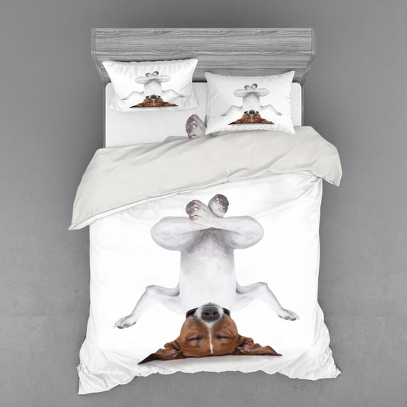 Ambesonne Funny Bedding Set 4 Pcs, Dog Upside down Relax, Queen, White Brown