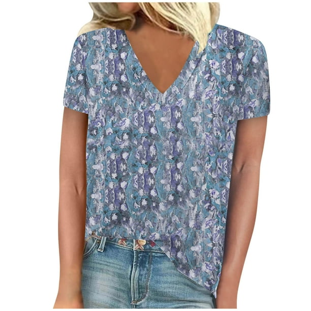 Blusas para las Mujeres Casual Cuello en V Manga Corta Impresa, 95% Poliéster 5% Spandex Camiseta Top para el Día a Día, Fiesta Y Ropa de Trabajo