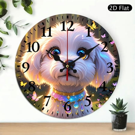 Whimsical Galaxy Puppy Wall Clock, Ethereal White Dog with Starry Eyes Art Print, Round 10x10 Inch Decorative Clock, 1pc, Battery Not Included