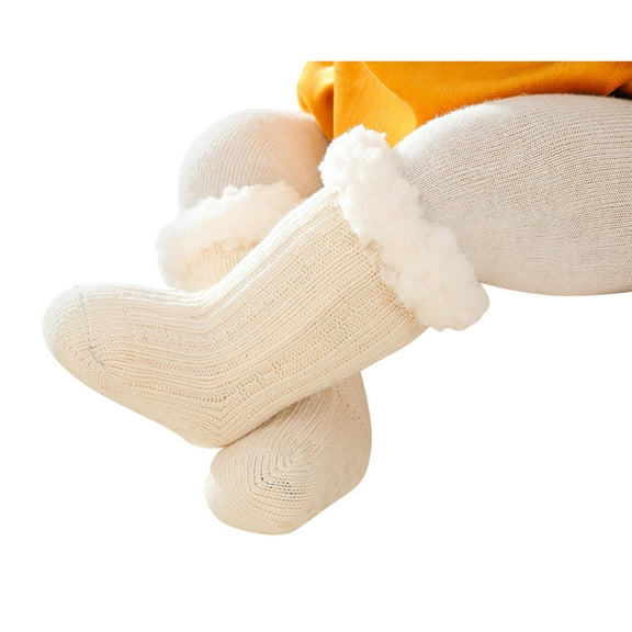 Krdevn Baby Socks - Baby Boy Girl Solid Ankle Crew Socks with Grips Toddler Kids Unisex Lined Warm Thick Cotton Socks - Socks for Baby Girl,Color:Beige,Size:6-12 Months