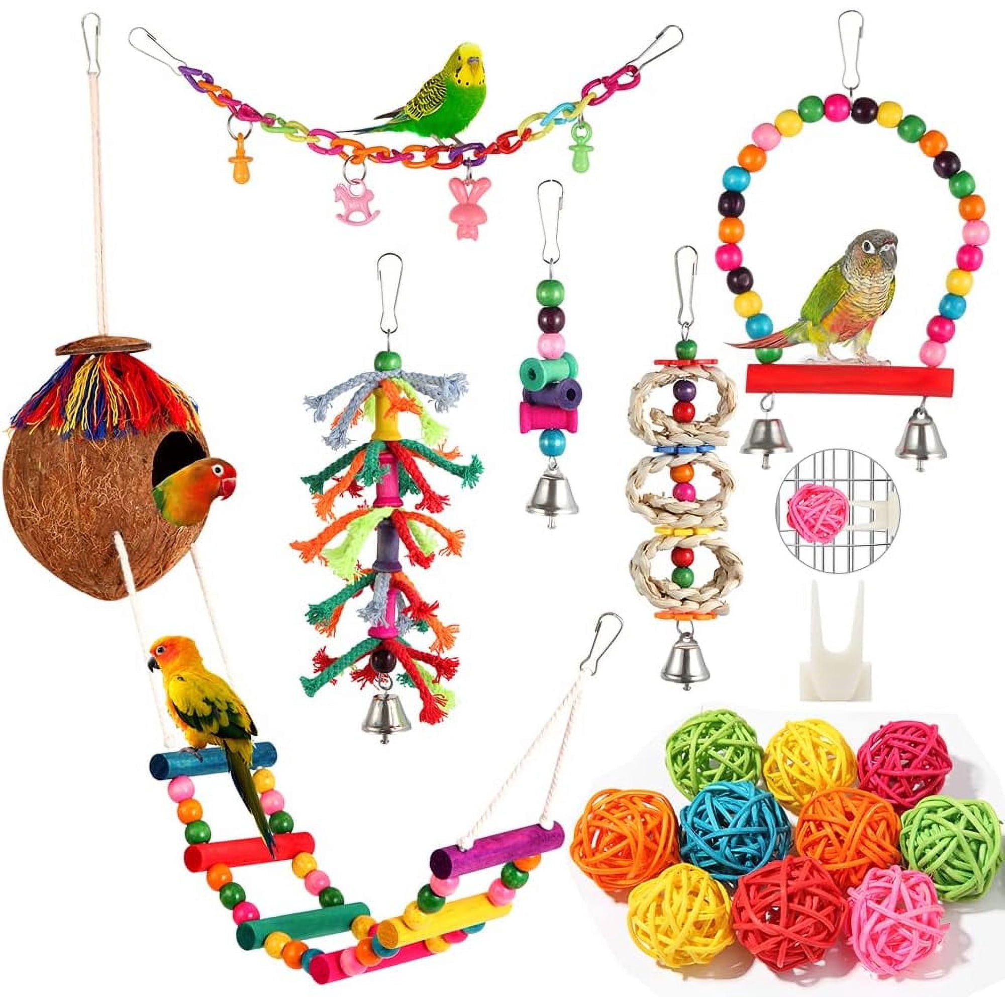 Parakeet Bird Parrot Toys Colorful Swing Chewing Hanging Toys with Bells Climbing Ladder Coconut Bird Cage for Small Cockatiels Conures Finches Budgie Macaws Love Birds (PET-ONLY USE)